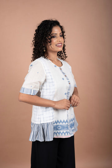Off-White Jamdani Top – Handloom Checks & Striped Flare